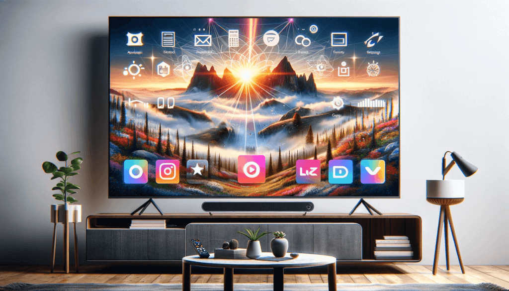 Wizualizacja nowoczesnego smart TV. Ekran jest duży i smukły z cienkimi ramkami. Telewizor zawiera zaawansowane funkcje takie jak dostęp do aplikacji.