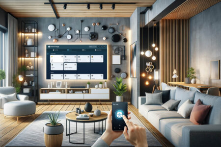 nowoczesne wnętrze na którym widać smart home wraz ze smart tv i inteligetną aplikacją do sterowania domem