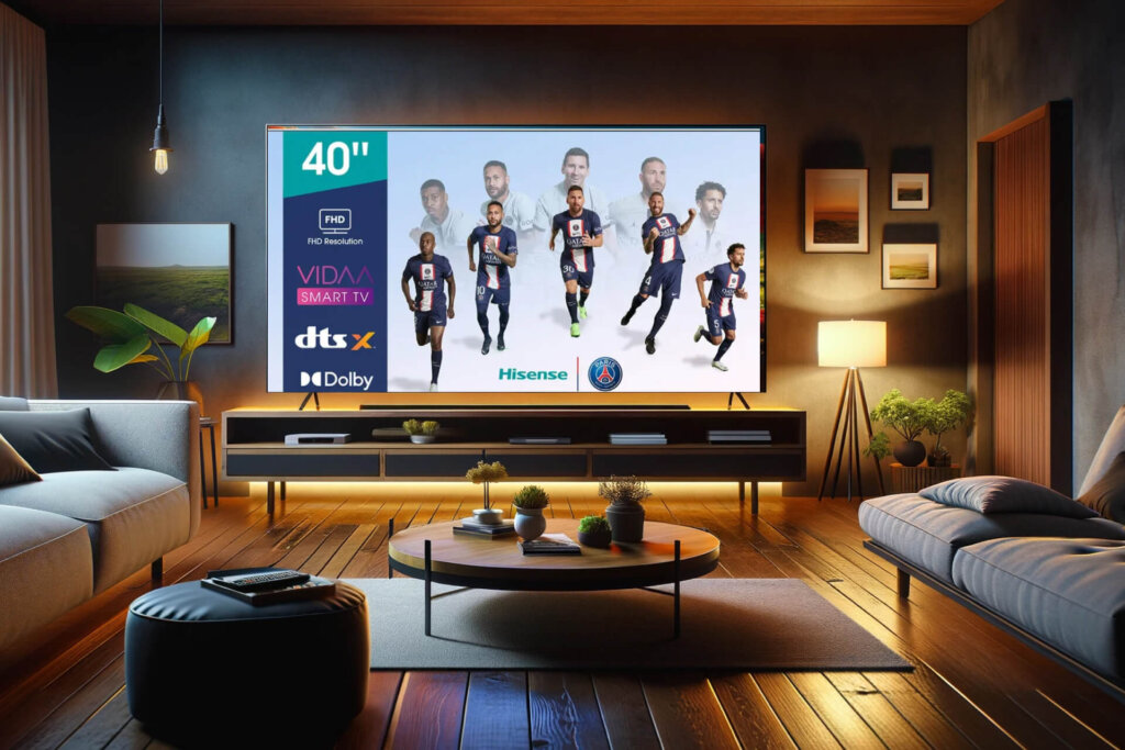 Stylowy i nowoczesny salon z telewizorem 40 cali wyświetlającym żywy obraz natury, z wygodną sofą, stolikiem kawowym i dekoracyjnymi elementami, tworząc ciepłą i przytulną atmosferę.