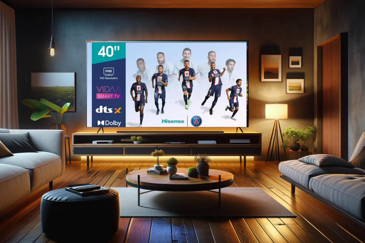 Stylowy i nowoczesny salon z telewizorem 40 cali wyświetlającym żywy obraz natury, z wygodną sofą, stolikiem kawowym i dekoracyjnymi elementami, tworząc ciepłą i przytulną atmosferę.