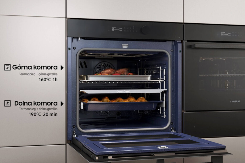 piekarnik samsung dual cook pokazany w nowoczesnej kuchnii w kolorach beżowych